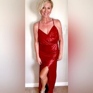 Red metallic floor length gown.